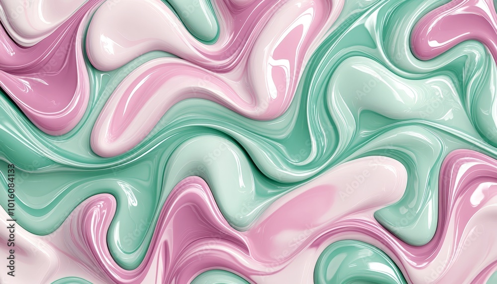 Liquid pastel pink and green swirls, abstract background. Wavy textured effect, 3D render. Liquid pastel pink and green swirls, abstract background. Wavy textured effect, 3D render.