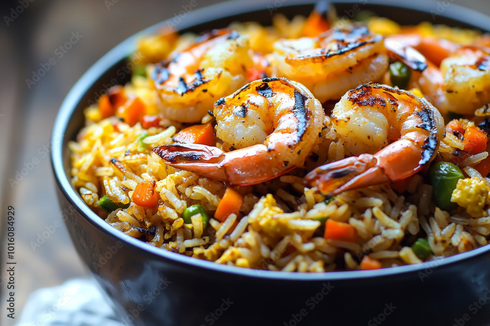 A delicious bowl of shrimp fried rice topped with grilled shrimp and colorful vegetables.