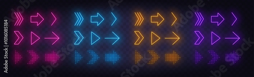 Neon Arrow Sign Set on the transparent background.
