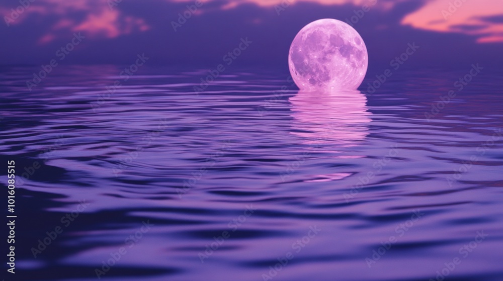 A detailed shot of a purple moon reflected on a still lake, with ripples and reflections creating a serene atmosphere. A detailed shot of a purple moon reflected on a still lake, with ripples and reflections creating a serene atmosphere.