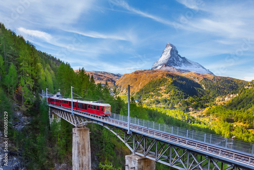 Zermatt, Switzerland. Gornergrat train on bridge