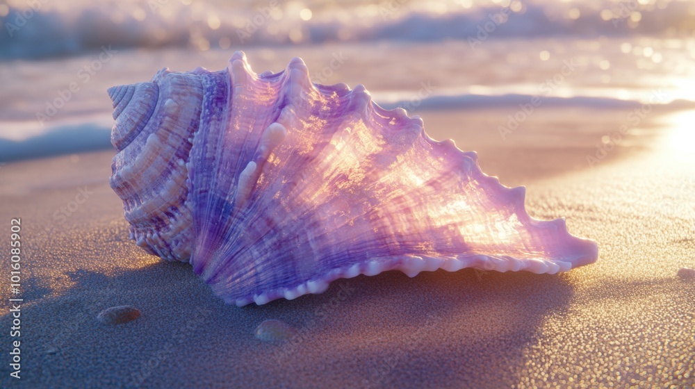 A detailed shot of a purple seashell resting on a sandy beach, with intricate ridges and textures illuminated by soft sunlight. A detailed shot of a purple seashell resting on a sandy beach, with intricate ridges and textures illuminated by soft sunlight.