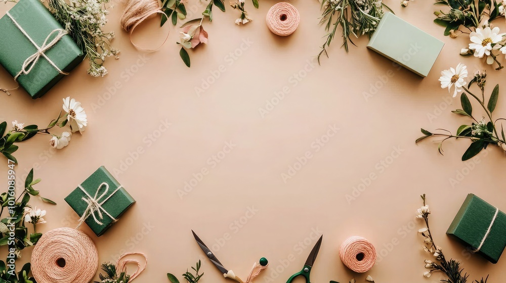 Elegant Gift Wrapping Flat Lay with Green and Floral Accents