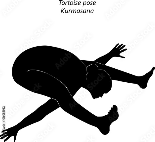 Silhouette of young woman practicing Kurmasana yoga pose. Tortoise pose. Intermediate Difficulty. Isolated vector illustration