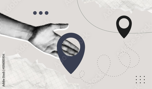 Trendy Halftone Collage with Hand and two pin location. Contemporary art with position element. Delivery route. Travel way and find trip. GPS point navigation. Transport logistic. Vector illustration