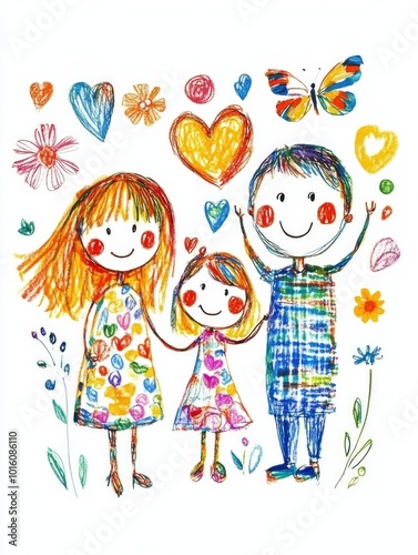 Colorful childlike crayon drawing of a happy family holding hands with bright hearts, flowers, and a butterfly in the background, evoking joy and innocence..