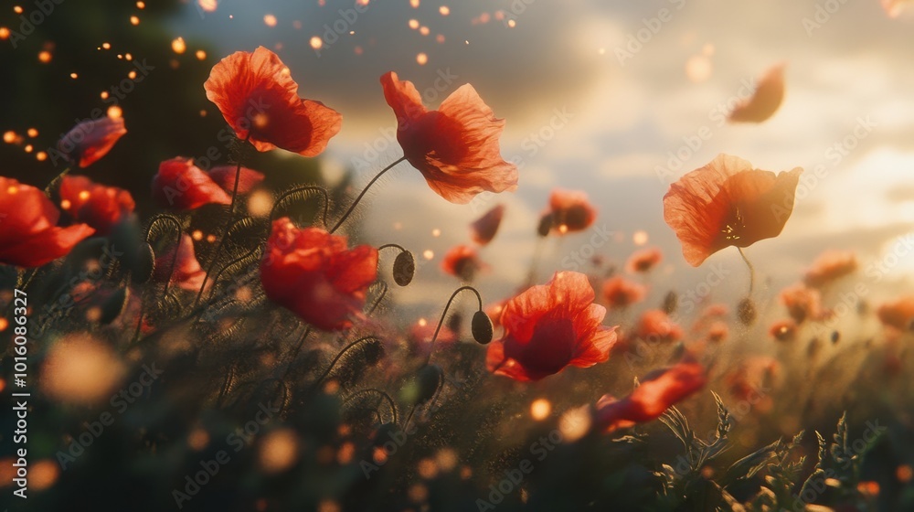 Obraz premium A detailed shot of a red poppy field swaying in the wind, with vibrant petals and intricate details illuminated by sunlight.