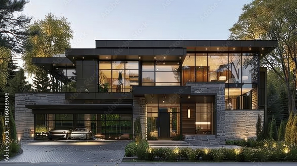 Fototapeta premium Modern Black and Stone House with Garage and Driveway