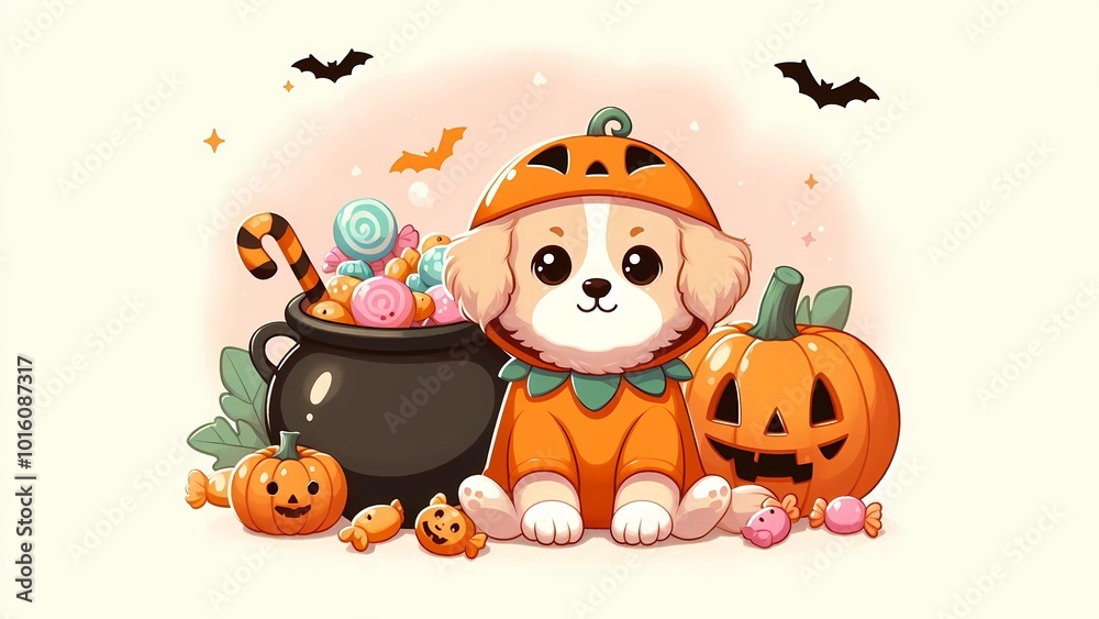 Fototapeta premium Adorable Puppy in Pumpkin Costume with Halloween Candy and Jack-o'-Lantern