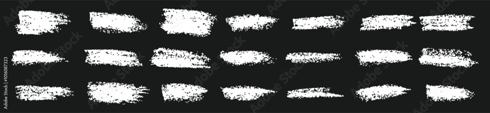 Grunge white paint marker strokes, Rough grunge thick paint line texture, Set of black ink brush strokes frame, isolated on black background.