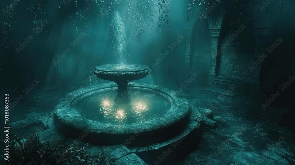 A mystical fountain surrounded by ethereal mist and faint light, creating an enchanting atmosphere in a tranquil setting. A mystical fountain surrounded by ethereal mist and faint light, creating an enchanting atmosphere in a tranquil setting.
