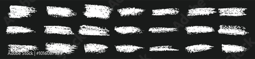 Grunge white paint marker strokes, Rough grunge thick paint line texture, Set of black ink brush strokes frame, isolated on black background.