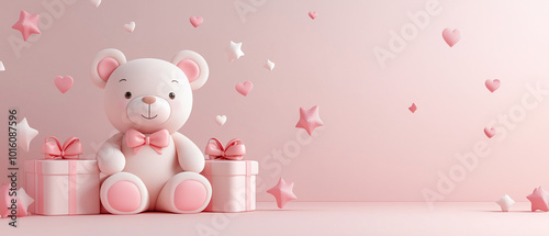 Cute Teddy Bear with Gifts and Decorations.