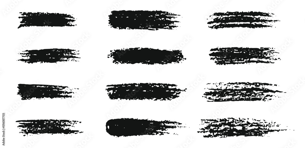 Vector paint brush strokes, ink splatter, and artistic design elements. Black Grunge brush textured vectors Vector paint brush strokes, ink splatter, and artistic design elements. Black Grunge brush textured vectors