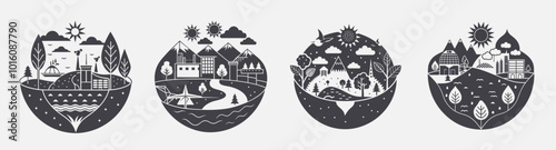 ecology design themed template collection, balance human activity nature, global change warming protection pollution climate