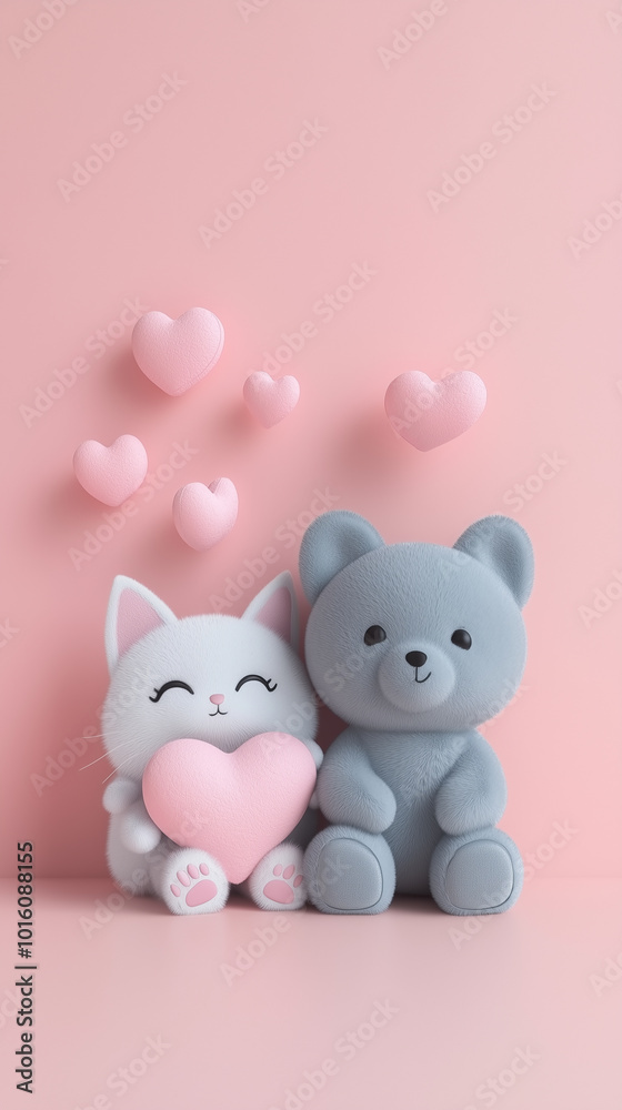 Cute Cat and Bear Holding Hearts on Pink Background. Cute Cat and Bear Holding Hearts on Pink Background.
