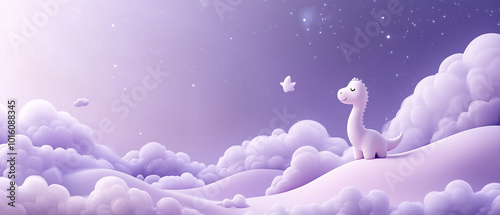 Cute Dinosaur on Purple Cloud Landscape.