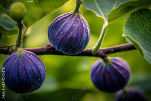 A close-up of ripe figs hanging on a branch, showcasing their vibrant purple color and textured skin amidst lush green leaves.