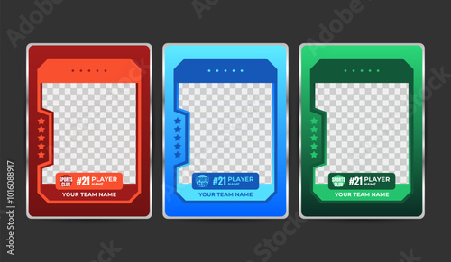 Set of trading frames for game sports card template, Three player cards in red, blue, and green colors for a sports club