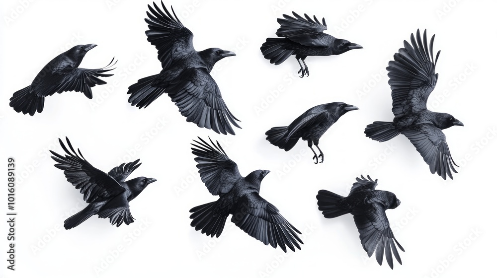 Nine black crows flying in different directions against a white background. Nine black crows flying in different directions against a white background.