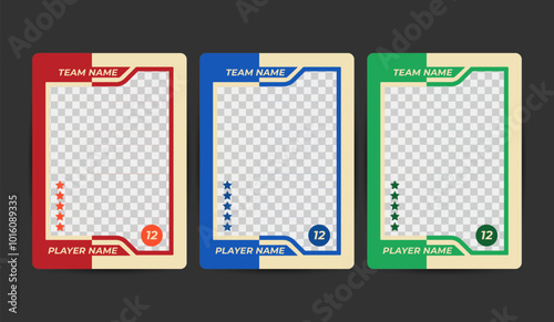 Set of trading frames for game sports card template, Three blank trading cards with red, blue and green borders