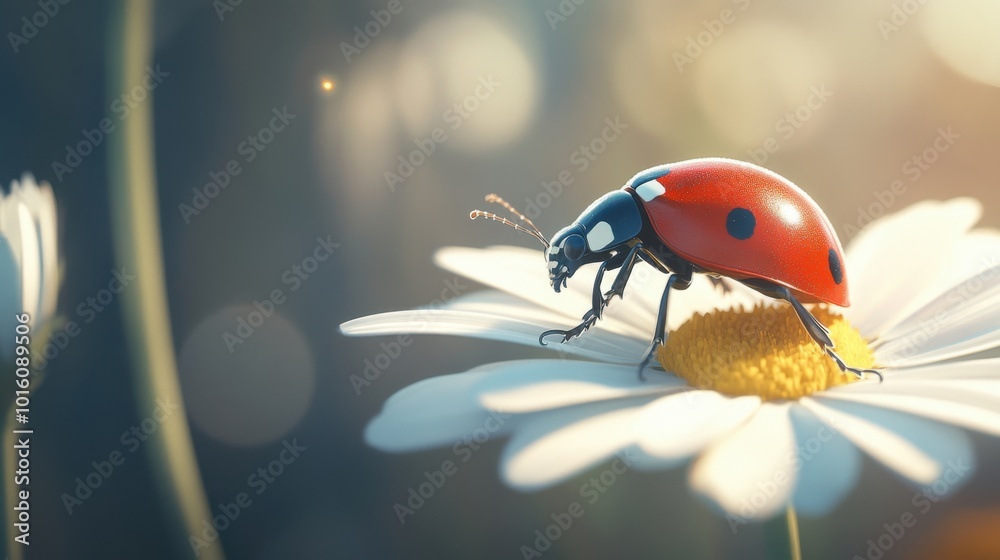 Obraz premium A macro shot of a red ladybug on a white daisy, capturing intricate details of the insects shiny shell and tiny legs.