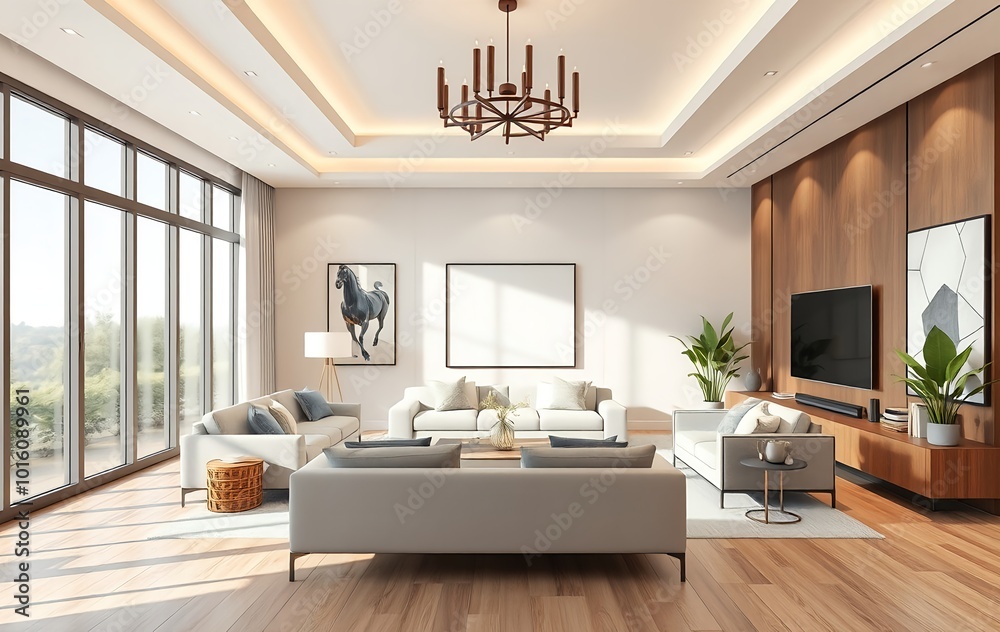 Fototapeta premium Modern Lounge Setting with a Comfortable Sofa, Stylish Bench, and Floor Lamp