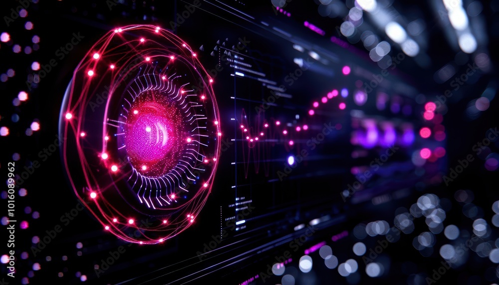 Obraz premium Abstract digital technology background with vibrant neon lights and circular patterns.