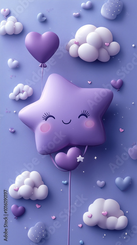 Cute Cartoon Star Balloon With Hearts and Clouds.