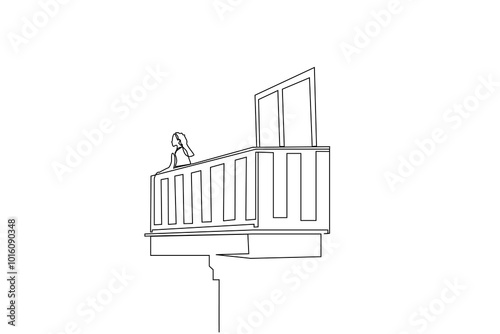 woman beautiful apartment balcony relax time think calm life looking away one line art design vector