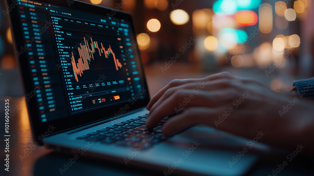 Focused Stock Trader Analyzing Financial Charts on Laptop at Night