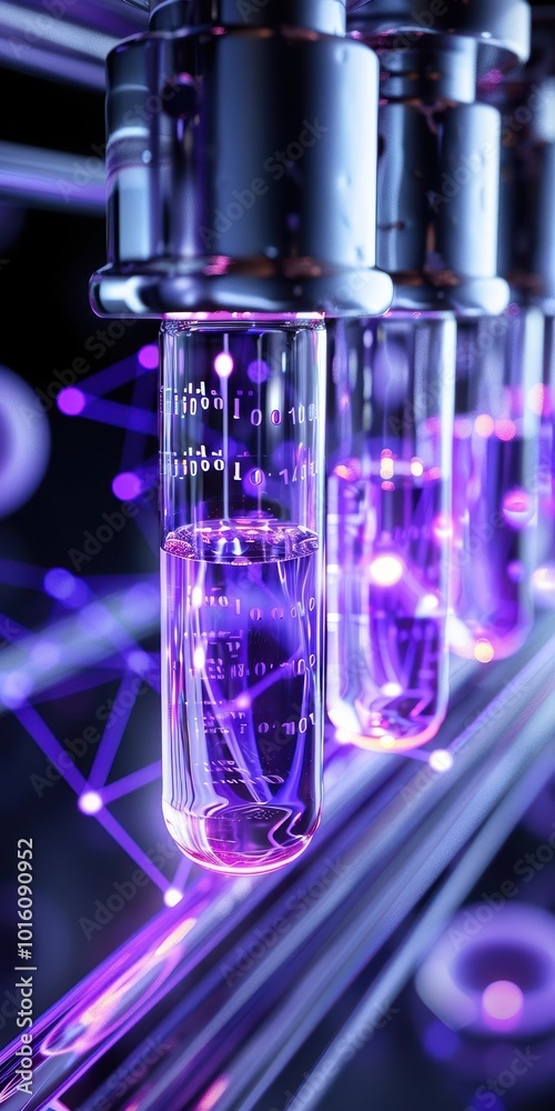 Close-up view of laboratory test tubes with vibrant purple liquid and glowing connections. Close-up view of laboratory test tubes with vibrant purple liquid and glowing connections.