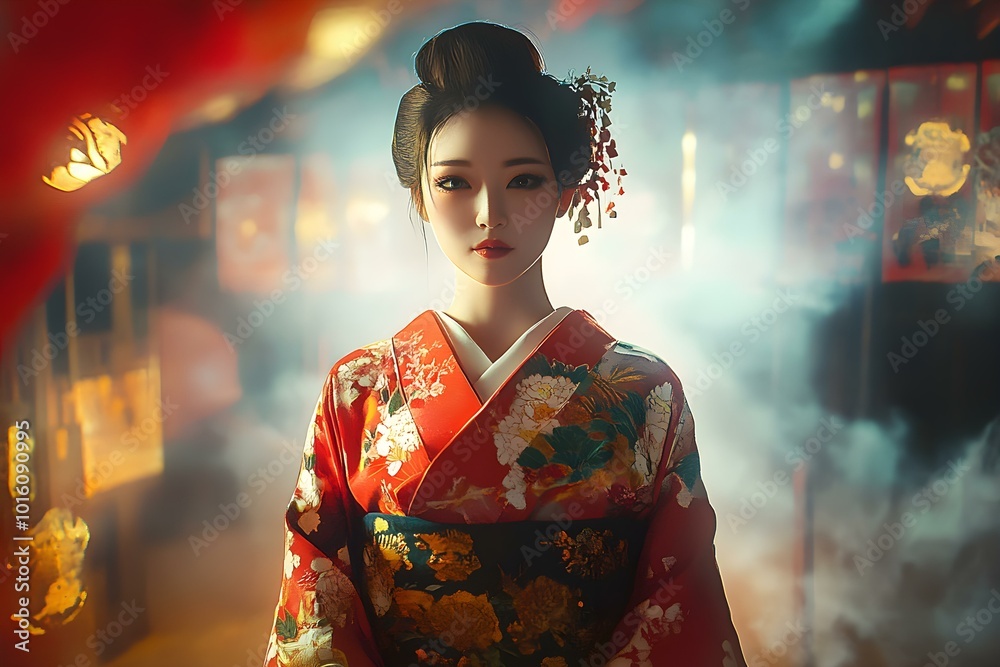 Hyper-realistic Japanese Woman in Kimono Surrounded Hyper-realistic Japanese Woman in Kimono Surrounded