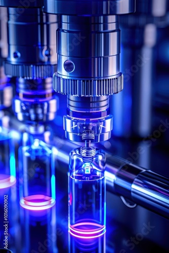 Close-up view of laboratory equipment with glowing vials and intricate machinery.