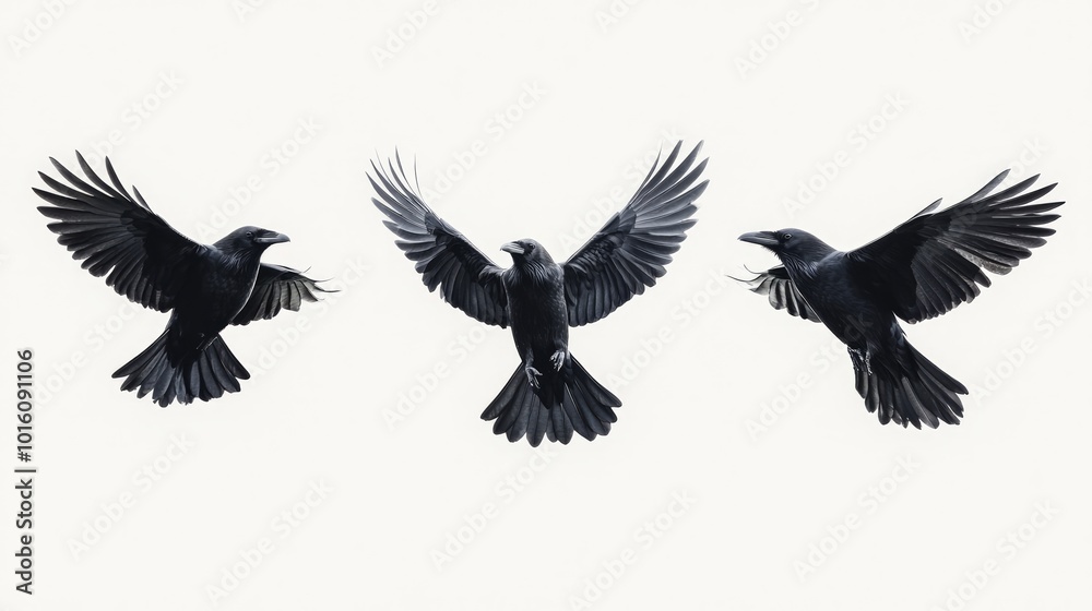 Fototapeta premium Three black crows in flight with wings spread against a white background.