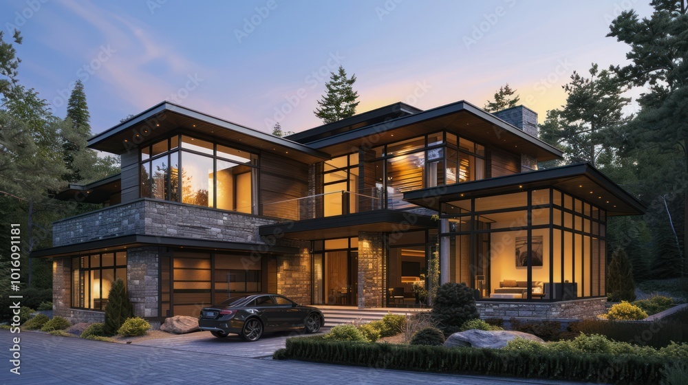 Modern House with Stone Facade and Large Windows at Dusk Modern House with Stone Facade and Large Windows at Dusk