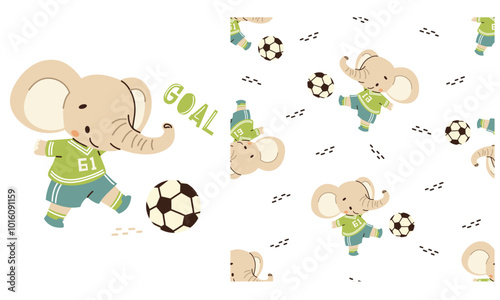 A set of vector prints for printing on children's products. Seamless vector pattern on white background on sports theme. Cute elephant playing soccer. Prints in children's style . Vector illustration