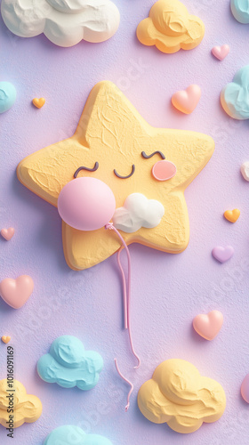 Cute Star with Balloon and Clouds.