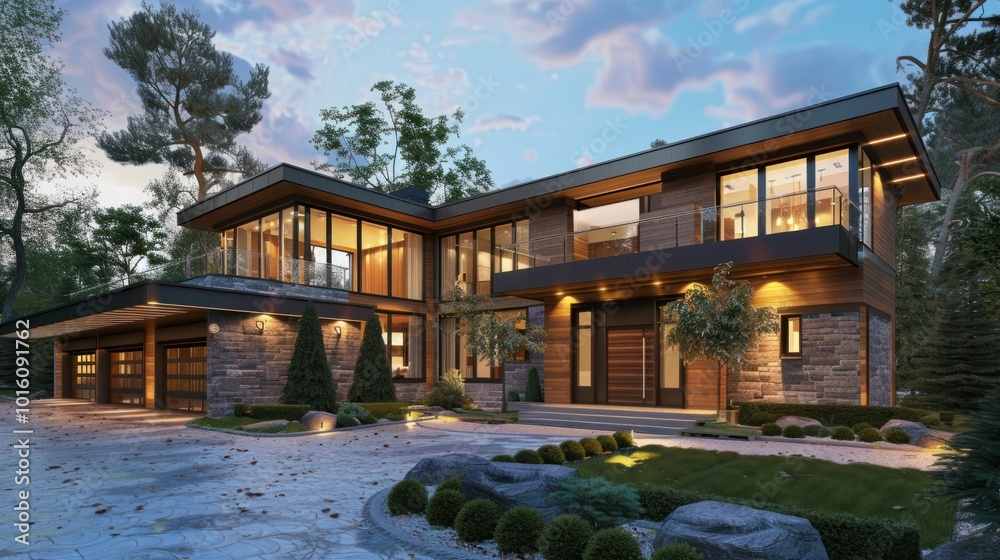 Modern Luxury Home with Stone Facade and Illuminated Landscaping