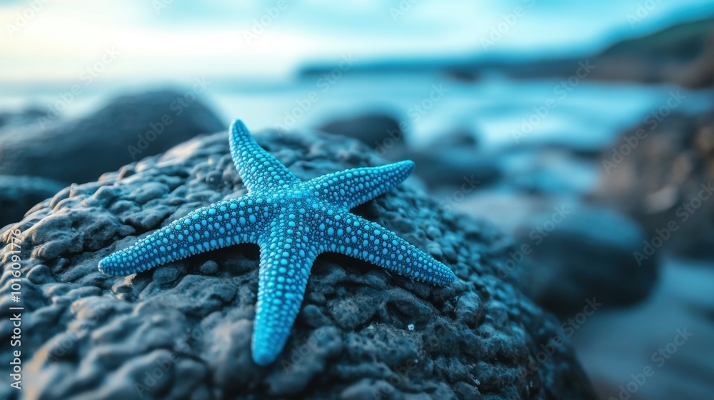 A macro shot of a sea blue starfish resting on a rocky shoreline, with intricate textures and the ocean in the background. A macro shot of a sea blue starfish resting on a rocky shoreline, with intricate textures and the ocean in the background.