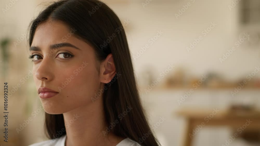 Portrait sad upset frustrated frown Indian woman Arabian girl serious stress Latina female at home looking at camera problem trouble mortgage health failure breakup depression bad mood negative face