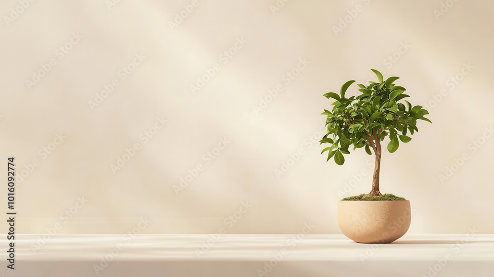 A serene image of a small bonsai tree placed on a minimalist desk A serene image of a small bonsai tree placed on a minimalist desk