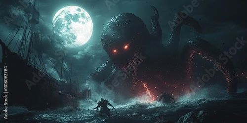 A terrifying sea monster emerges from dark waters under a full moon, casting a shadow over a ship during a stormy night.