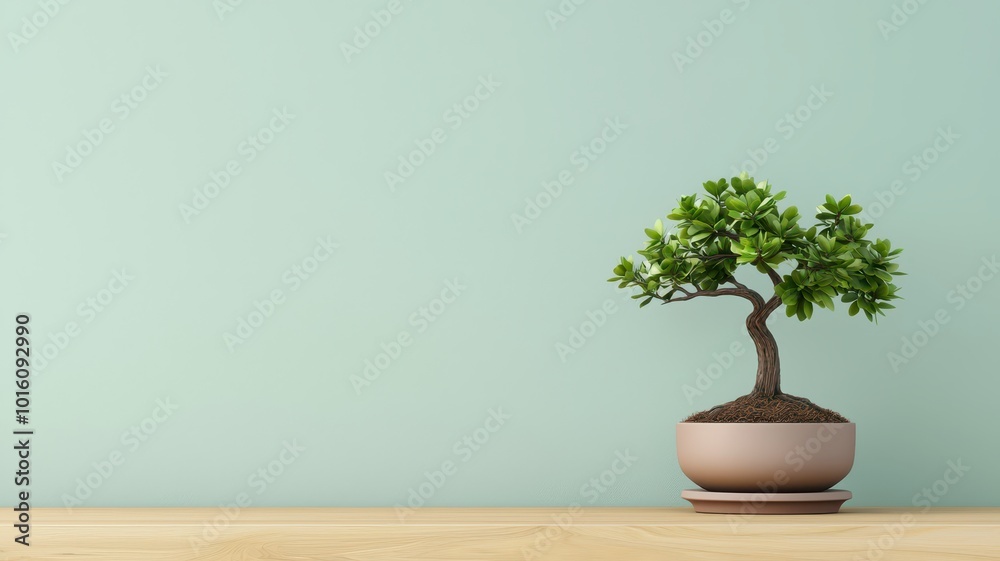 A serene image of a small bonsai tree placed on a minimalist desk A serene image of a small bonsai tree placed on a minimalist desk