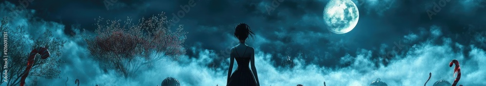 A mysterious figure stands alone under a glowing moon, surrounded by an eerie fog and strange otherworldly elements. A mysterious figure stands alone under a glowing moon, surrounded by an eerie fog and strange otherworldly elements.