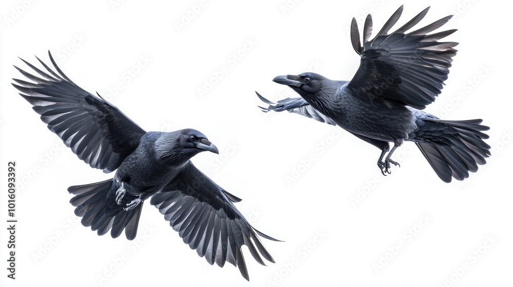 Naklejka premium Two black crows in flight against a white background.