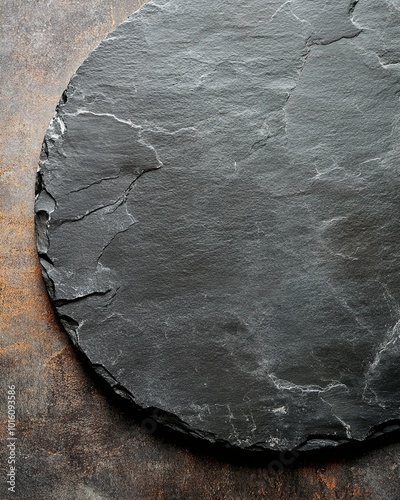 Slate black stone slab. Top view. in the middle there is a round tangential stand. Free space for copying.  photo