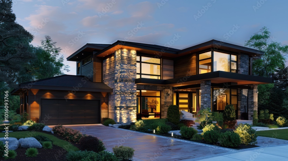 Modern two-story house with stone facade, illuminated at dusk Modern two-story house with stone facade, illuminated at dusk