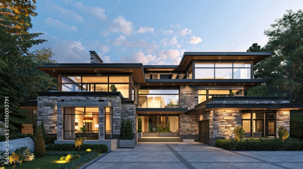 Modern Stone and Glass House with Evening Lighting Modern Stone and Glass House with Evening Lighting