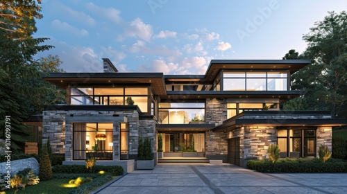 Modern Stone and Glass House with Evening Lighting